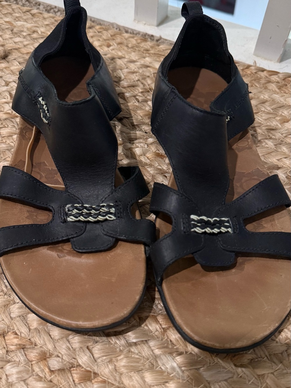 Merrell Black Leather Strappy Sandals with Brown Footbed